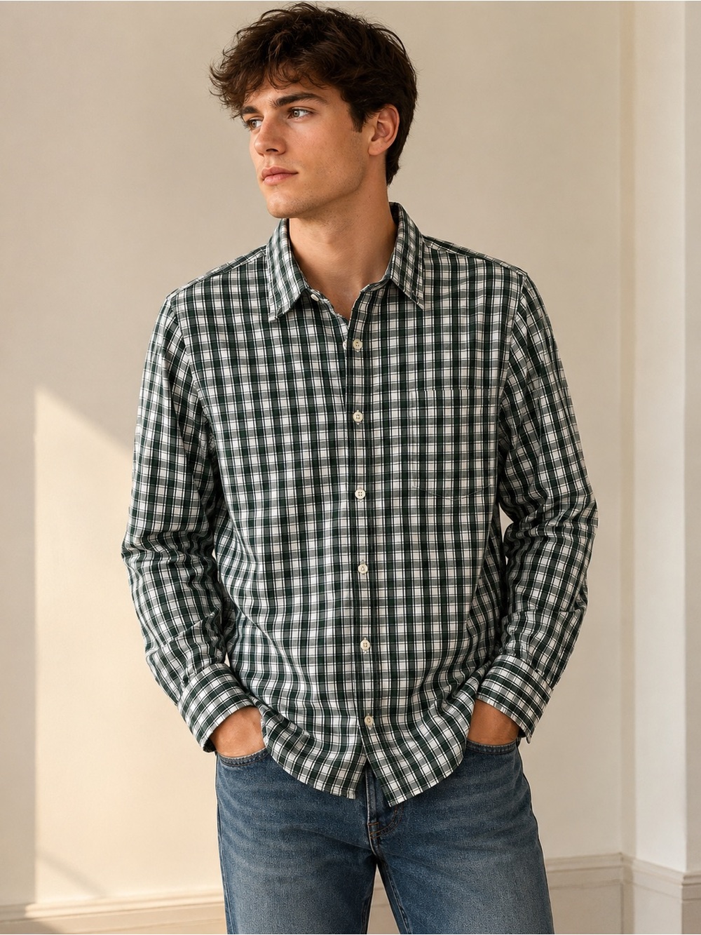 J. Crew Green and White Plaid Button-Down Shirt
